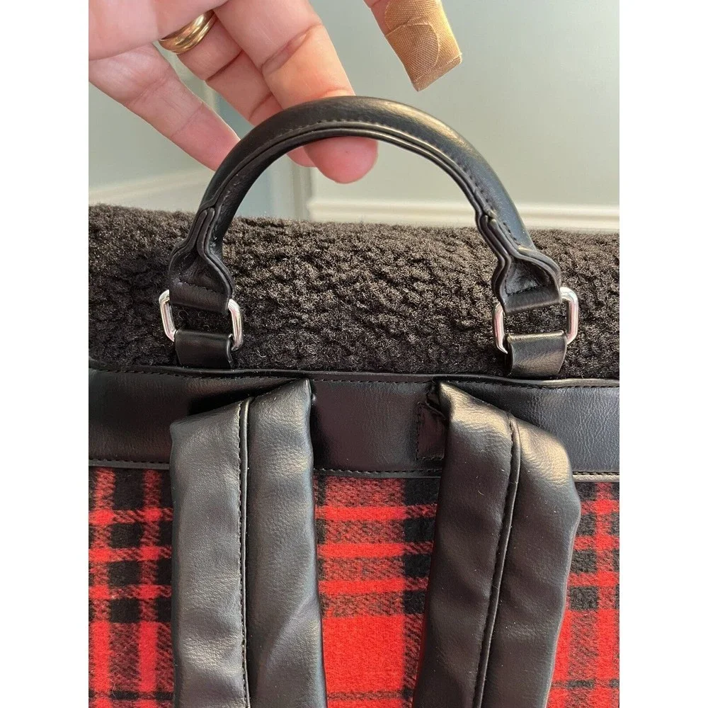 BEARPAW Faux Shearling Trim Drawstring Backpack, Red and Black Buffalo Plaid